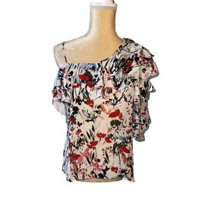 Parker Floral One Shoulder Silk Flutter Top Size S